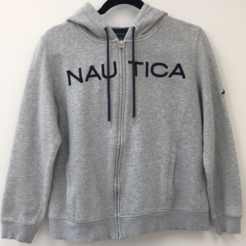 Nautica Logo Women's Full Zip Light Gray Hoodie Size L GREAT Pre-Owned